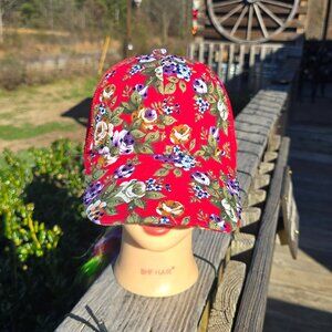 Ladies Red Flower Trucker BLING Hat NEW No Tags